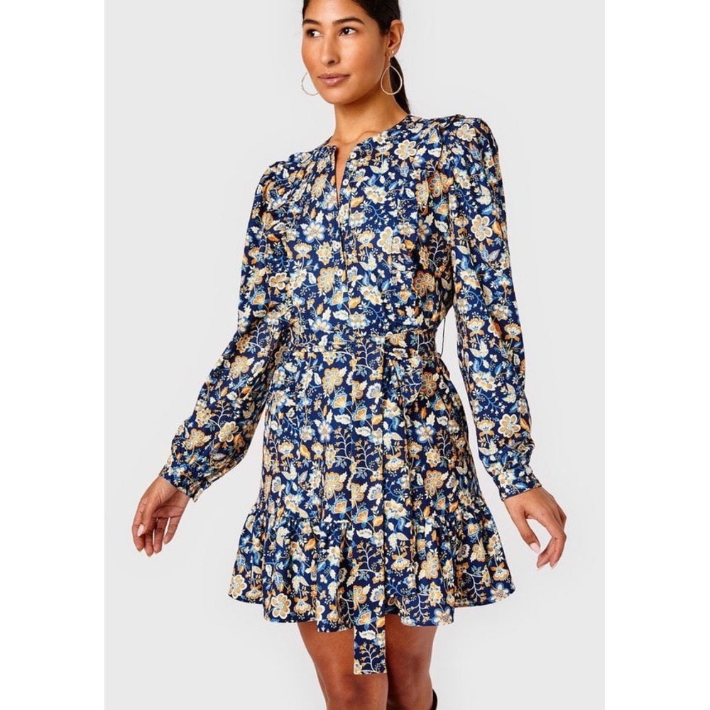 Cartolina Allyson Blue‎ Floral Long Sleeve Ruffle Mini Dress XL Yellow White